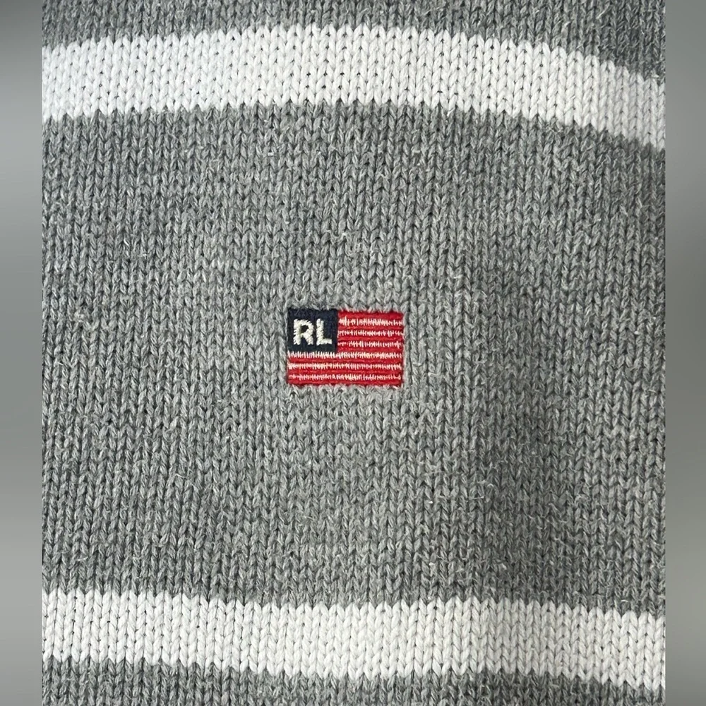 Vintage Polo Ralph Lauren Gray White Stripe 1/4 Zip Sweater Flag Logo Size XXL